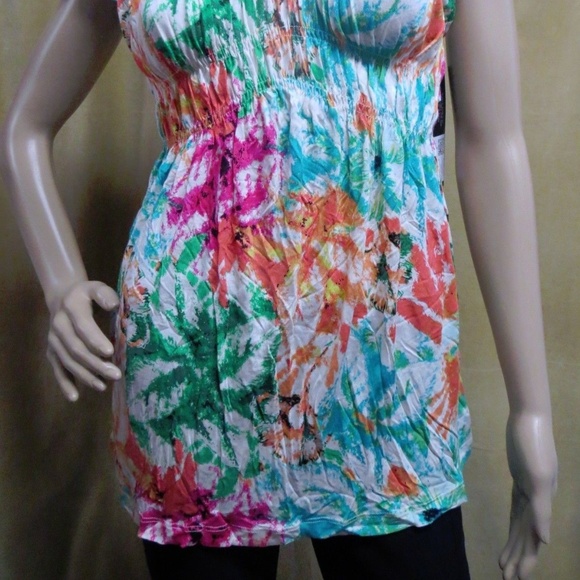 Watercolor Cap Sleeve Smocked Babydoll Tunic XS S - Picture 4 of 5